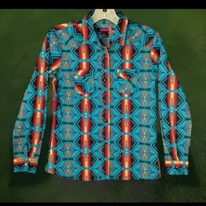 Western Shirt Kids L Unisex Southwestern Tribal Pattern Pearl Snap Multicolor